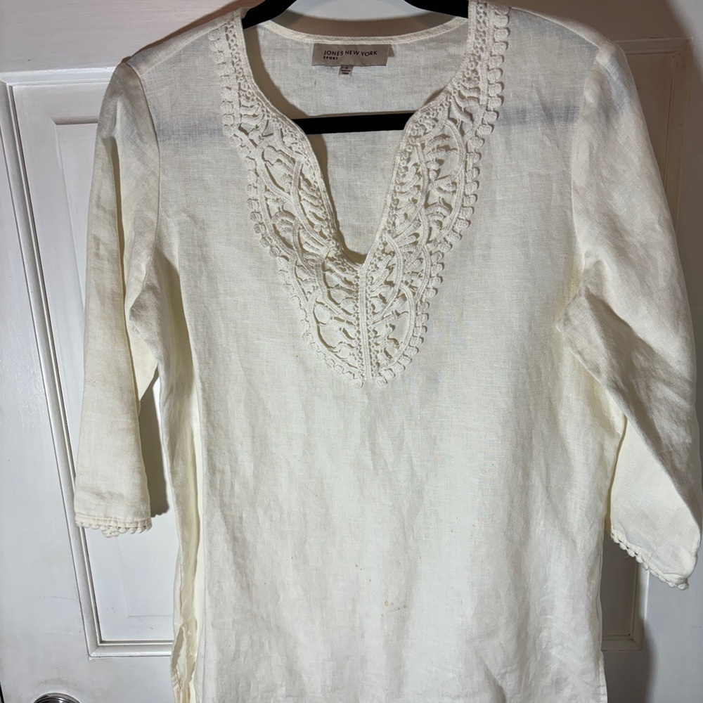 Jones New York Linen Cream Lace Detail Women's Top